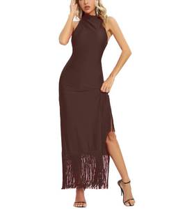 lot 2049 image: Aigeman Womens Gatsby Flapper Maxi Dress Halter Tassel Hem Slit Chocolate