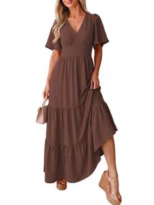lot 2061 image: Caracilia Womens Summer Flutter Sleeve Maxi Dress, Coffee, Size M