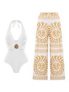lot 2066 image: SherryDC Womens Halter Deep V One Piece Swimsuit with Pants Cover Up, Med