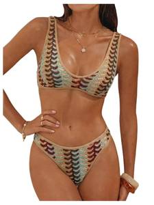 lot 2477 image: Gorglitter Womens Chevron Crochet Two Piece Halter Bikini Set High Waisted