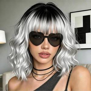 lot 2486 image: Rookea Silver Gray Wavy Curly Bob Wig with Bangs 14 Inch Synthetic Hair