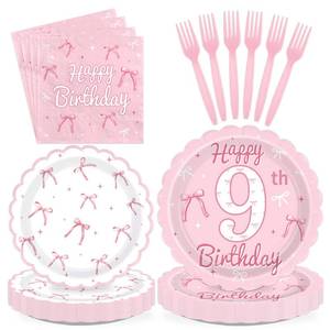 lot 7655 image: Greencian Pink Bow 9th Birthday Party Tableware Set 96 Pcs