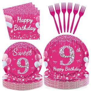 lot 7658 image: Greencian 96 Pcs Hot Pink 9th Birthday Party Tableware Set Serves 24