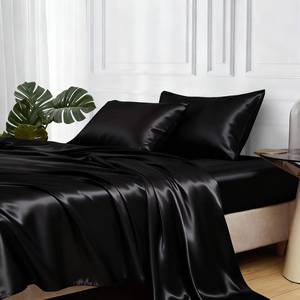 lot 7664 image: MR&HM Satin Bed Sheet Set Queen Size 4 Pc Black with Elastic Corner Straps