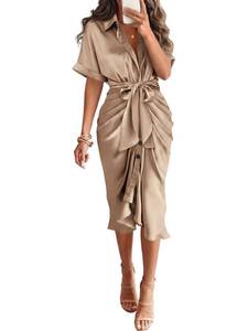 lot 8327 image: BTFBM Womens Maxi Dress Satin Short Sleeve V Neck Light Khaki Size S