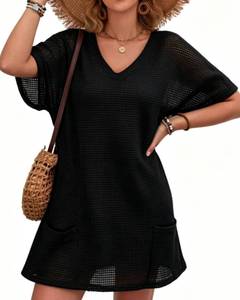lot 8336 image: duludulu Womens Waffle Knit V Neck Swimsuit Cover Up Dress with Pockets, Black