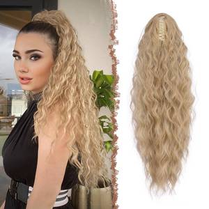 lot 8338 image: FESHFEN Claw Clip Ponytail Extension 26 Inch Wavy Hairpiece Mixed Blonde