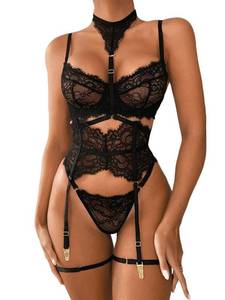 lot 8345 image: Kaei&Shi Womens Garter Lingerie Set 4 Piece Floral Lace Black Small