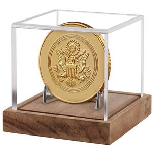 lot 8431 image: Hooqict Challenge Coin Display Case Clear Acrylic Wood Base 3 x 3 x 2.9 Inch