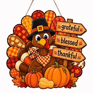 lot 8455 image: Senjian Thanksgiving Turkey Door Decoration Wooden Sign 12 x 12 Inch