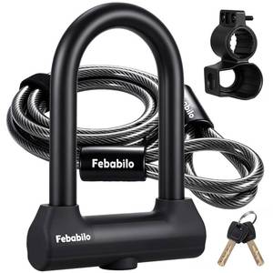 lot 9370 image: Febabilo Bike Locks Heavy Duty Anti Theft with 6ft Cable,18mm Shackle Bike U Lock with 2 Keys & Mounting Bracket, Perfect for Ebike, Bicycle, Scooter, Motorcycle (U Lock with Cable, Medium)