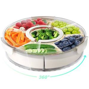 lot 9378 image: Divided Rotating Serving Tray with Lid and Handle, Portable Snackle Box for Fruits Snacks Veggie Charcuterie, Clear Lazy Susan Organizer and Fridge Storage Container for Adults Child (1PCS,12 L
