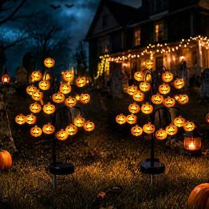 lot 9381 image: 2PCS Solar Pumpkin Stake Pathway Lights, IP65 Waterproof Halloween Outdoor Decor with Steady On & Flash Lighting Modes��Solar-Powered Decor for Garden Yard Lawn Halloween Party (Yellow Pumpkin)