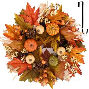 lot 9390 image: 24 Inch Fall Wreaths for Front Door,Autumn Pumpkin Maple Wreath with Hanger