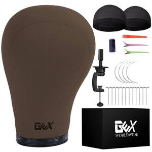 lot 9410 image: GEXWORLDWIDE GEX 20-24 Canvas Cork Wig Block Mannequin Head for Wig Making Drying Styling Display with Table C Clamp Stand Holder Dark Brown 22