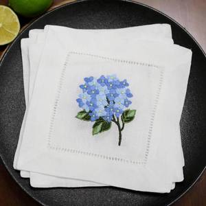 lot 10012 image: Lauusiusi Linen Cocktail Napkins White Set of 6 Hand Embroidered Hydrangea 6x6 Reusable Mini Cloth Hemstitched Coasters for Birthday Wedding Garden Party Present Blue