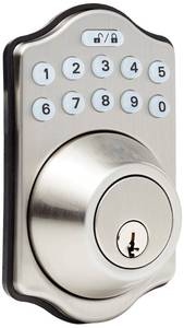 lot 10016 image: Amazon Basics Electronic Keypad Deadbolt Door Lock with Auto Lock, Customizable User Codes, One-time Codes, Touch-Control Keyless Entry, Traditional, Satin Nickel, 1-Pack
