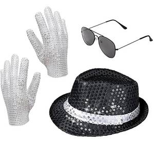 lot 10092 image: Pop Star Costume Halloween costume for adult Rock Super Star Cosplay Accessories Sequin Gloves Black Fedora Hat Sunglass for 80s 90s Themed Halloween costume
