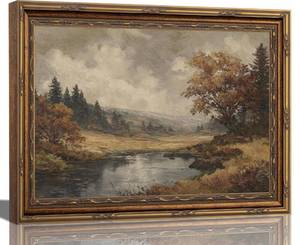 lot 13438 image: Jamortty Vintage Fall Landscape Framed Wall Art Print 12x16 In