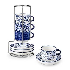 lot 13463 image: Vancasso 4 Oz Porcelain Espresso Cups Set of 4 with Saucers and Stand