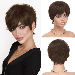lot 14350 image: Sidaila Pixie Wig 100% Real Human Hair Short With Bangs Brown
