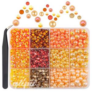 lot 14384 image: qiipii Bright Orange Flatback Resin Pearls and Rhinestones, 12 Grids