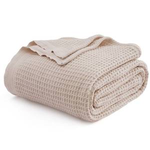 lot 17686 image: Bedsure 100% Cotton Waffle Weave Blanket Queen Size Beige 90 x 90 In