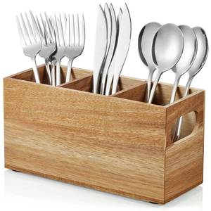 lot 17701 image: DRASTAR Acacia Wood Silverware Holder 3-Compartment Utensil Caddy