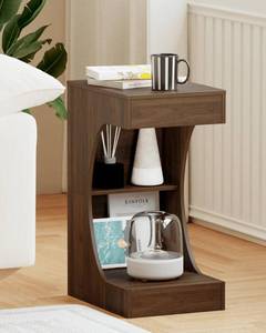 lot 17706 image: Veegle C-Shaped Side Table with Storage Shelf, Walnut Brown