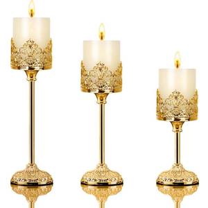 lot 17727 image: Yeleford Gold Vintage Pillar Candle Holder Set of 3 for 3 Inch Pillars