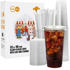 lot 17747 image: Turbo Bee 32 oz Clear Plastic Cups with Lids and Straws 50 Pack