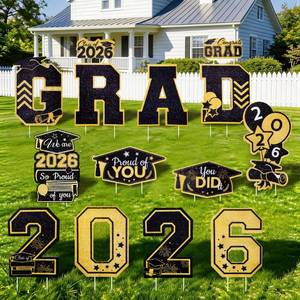 lot 18026 image: CheerBox Black Gold Glitter Graduation Yard Signs Class of 2026, 14 Pcs