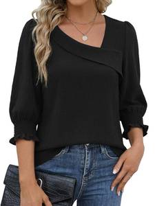 lot 18055 image: Funlingo Womens Tunic Blouse 34 Sleeve Asymmetric Square Neck Top Black M