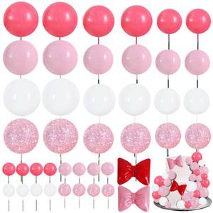 lot 18091 image: BEISHIDA Foam Ball Cake Toppers 42 Pcs with Bows Pink & White