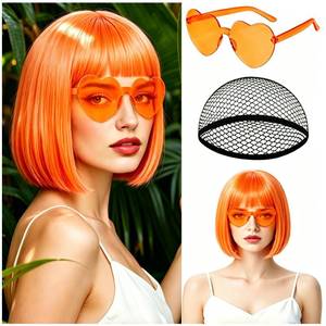 lot 18108 image: MEEZY Orange Short Bob Wig Straight Hair with Flat Bangs Heart Sunglasses