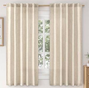 lot 19901 image: MIULEE Faux Linen Semi Sheer Curtains 42W x 63L 2 Panels Natural Cream Beige