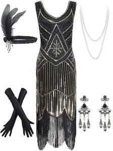 lot 20336 image: IWIWB Womens Vintage 1920s Sequin Beaded Tassel Flapper Dress Accessory Set Large