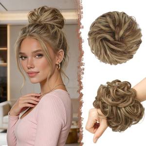 lot 20346 image: FESHFEN Large Messy Bun Hair Piece Wavy Synthetic Chignon Brown & Blonde 1.94oz