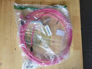 lot 20370 image: Red Vinyl-Coated Steel Cable Tie-Out with Spring and Carabiner - Stock image may not match actual product images