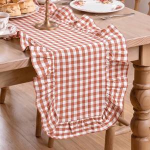 lot 20379 image: Artoid Mode Brown Farmhouse Plaid Gingham Ruffle Table Runner 13x120 Inch