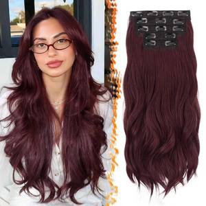 lot 20405 image: BARSDAR Clip-In Hair Extensions 20 Inch Synthetic Wavy Dark Burgundy