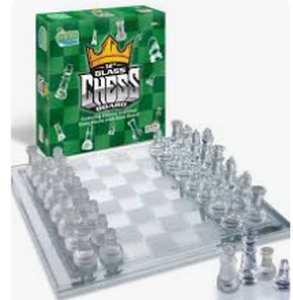 lot 7714 image: Gamie 12in Glass Chess Board Set with Frosted and Clear Glass Pieces - Stock image may not match actual product images