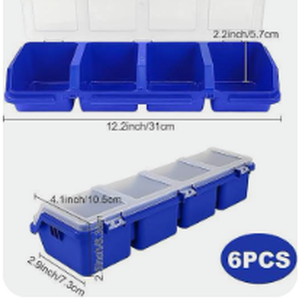 lot 7715 image: Lot of Blue Plastic 4-Compartment Parts Organizer Bins with Clear Hinged Lids 6pk - Stock image may not match actual product images&nbsp