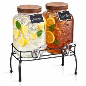 lot 1248 image: Mustry 1 Gallon Glass Drink Dispenser with Stand, 2 Pcs
