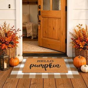 lot 1269 image: Homydecor Door Mat Combo Set Coco Coir Welcome Mat and 28 x 43 in Plaid Rug