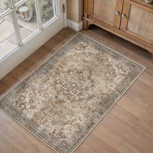 lot 2151 image: PureCozy Brown Area Rug 2x3 Vintage Floral Non-Slip Door Mat