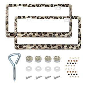 lot 2152 image: Ziciner License Plate Frame Stainless Steel Rhinestone Leopard Print 2PCS