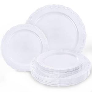 lot 5672 image: Tinybee 60 Pcs White Plastic Disposable Plates, 30 Dinner & 30 Dessert