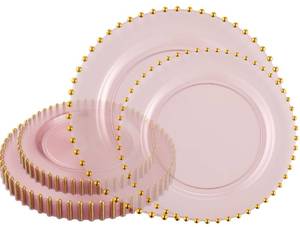 lot 5681 image: PlasticPro Plastic Dinner Plates 32 Piece 7 and 10 Inch Pink and Gold Beaded
