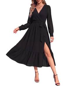 lot 6170 image: KOKOLOOP Womens Long Sleeve V-Neck Midi Chiffon Dress with Side Pockets